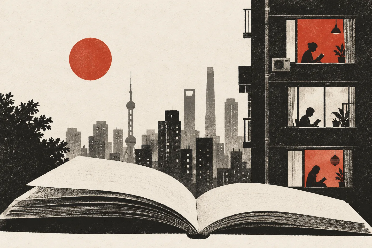 Editorial collage of an open book, readers and urban windows.